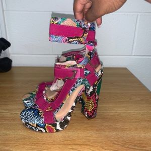 Multicolored snake print block heel